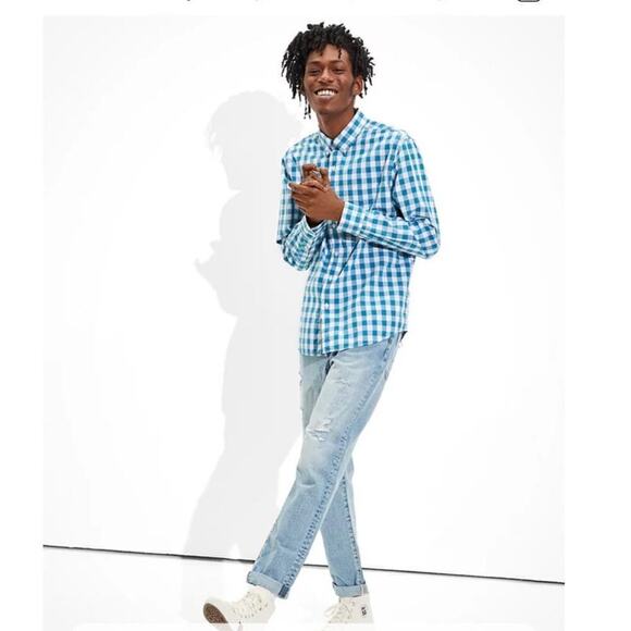 American Eagle Everyday Plaid Button Up Shirt Long Sleeve, Blue/White size Large - Picture 2 of 16